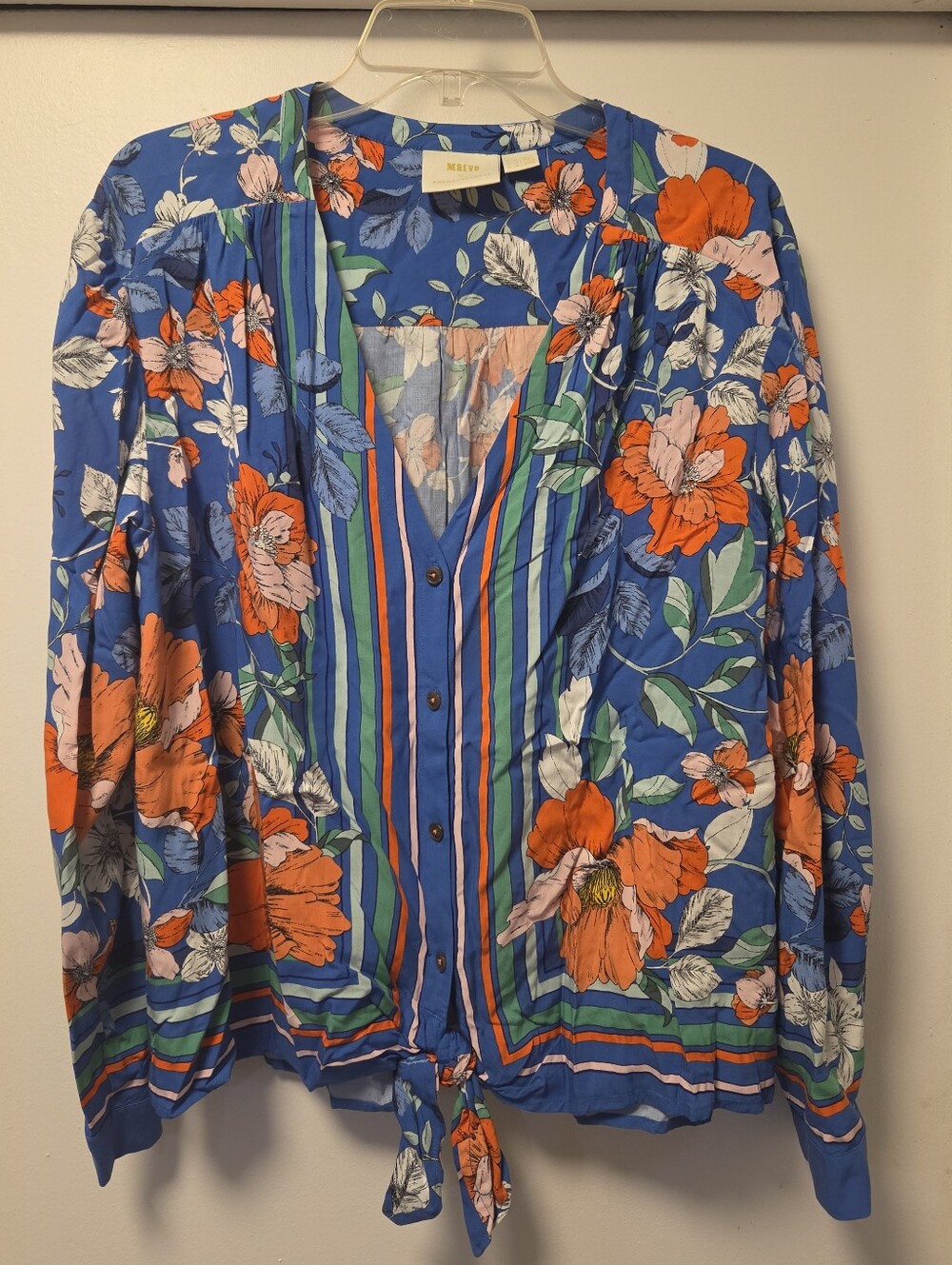 ANTHROPOLOGIE MAEVE Elan Scarf Print Blue Floral Tie-Front Blouse Size 14 - Picture 5 of 13